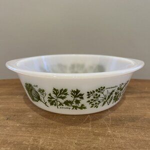 Vintage Glasbake Milk Glass 2 Qt Casserole Dish "Herb Garden" Print Green J514